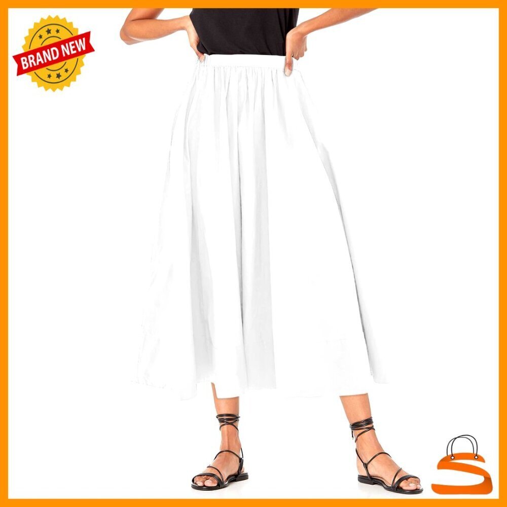 Women's A-Line Midi Skirt Elastic Waist Flowy Swing Pleated with Pocket